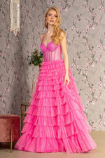 Glitter Sheer Corset Bodice Ruffled Skirt Mesh A-line Long Dress - Farnelli