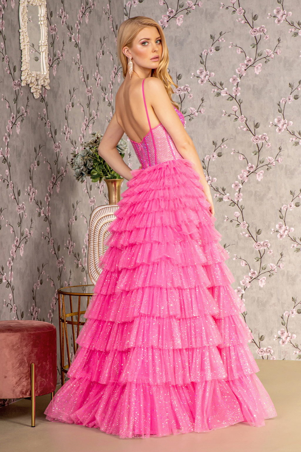 Glitter Sheer Corset Bodice Ruffled Skirt Mesh A-line Long Dress - Farnelli