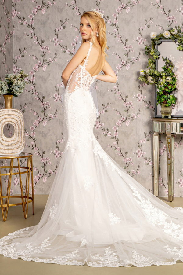 Embroidery Sequin Sheer Bodice Mesh Mermaid Wedding Gown - Farnelli