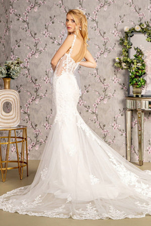 Embroidery Sequin Sheer Bodice Mesh Mermaid Wedding Gown - Farnelli