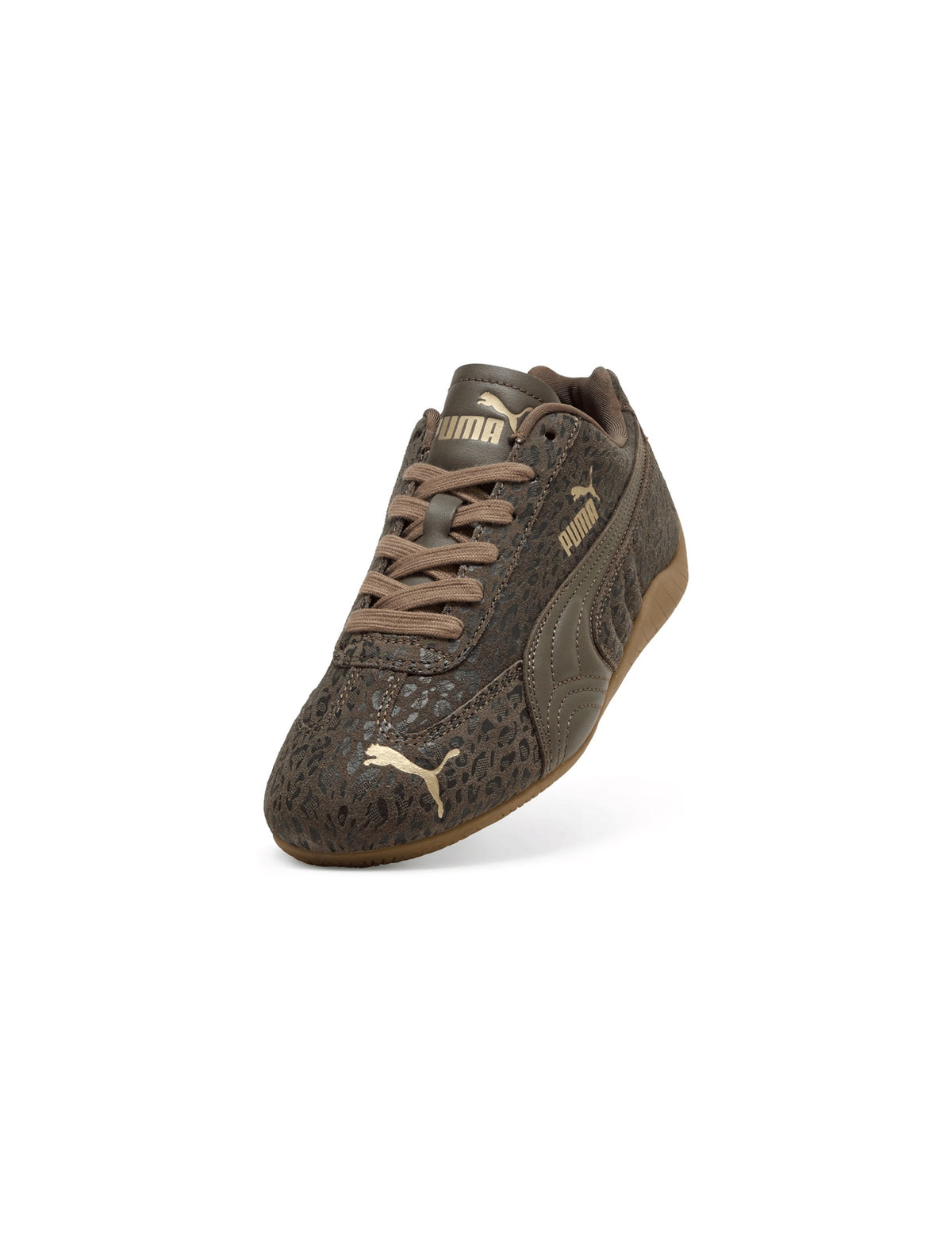 Womens Puma Speedcat OG shoes in matte bronze with sleek design and sporty style, displayed on a plain background.