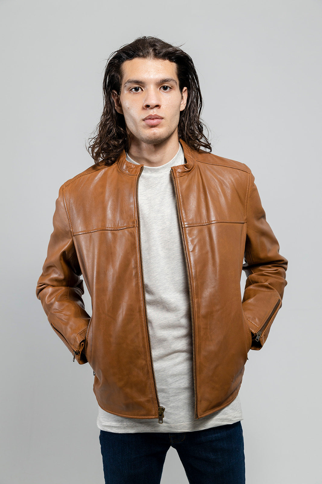Whet Blu NYC Grayson men's lambskin leather jacket in dark cognac, front view