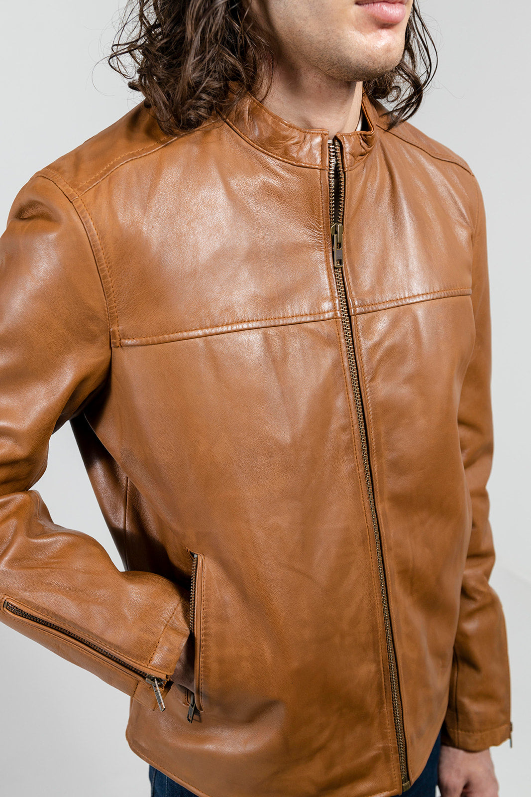 Whet Blu NYC Grayson men's dark cognac lambskin leather jacket with front pockets