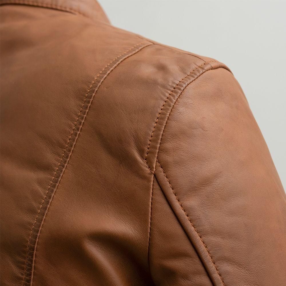 Whet Blu NYC Grayson men's lambskin leather jacket in dark cognac, detailed stitching view