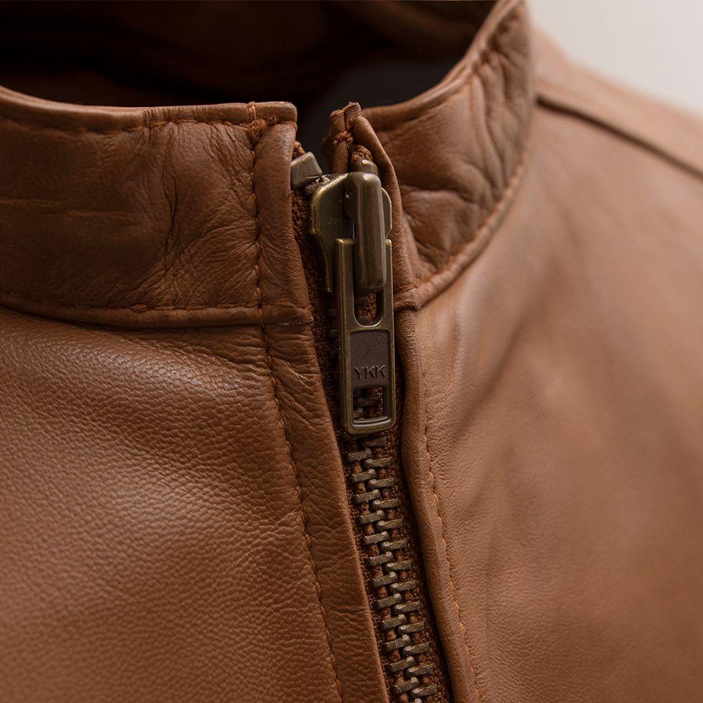 Whet Blu NYC Grayson men's dark cognac lambskin leather jacket, upper zipper detail