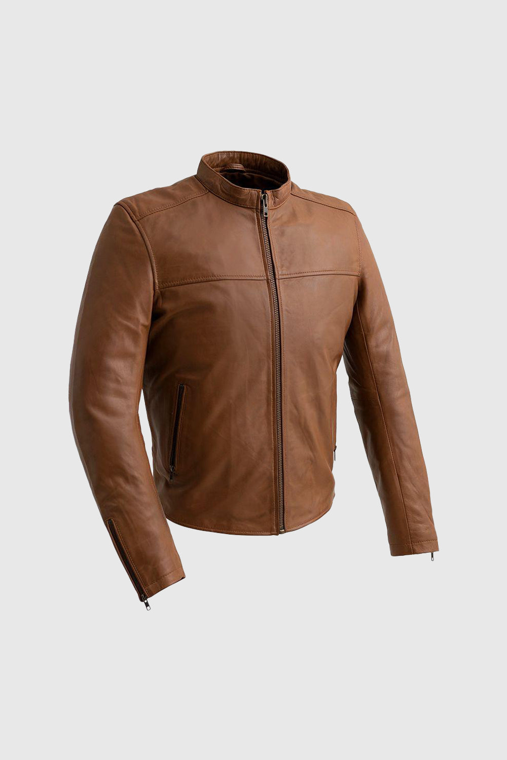 Whet Blu NYC Grayson men's dark cognac lambskin leather jacket with zip front and classic collar