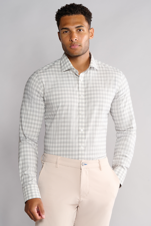 Grey and white gingham men's shirt by Twillory, non-iron fabric with a classic button-up design and collar.