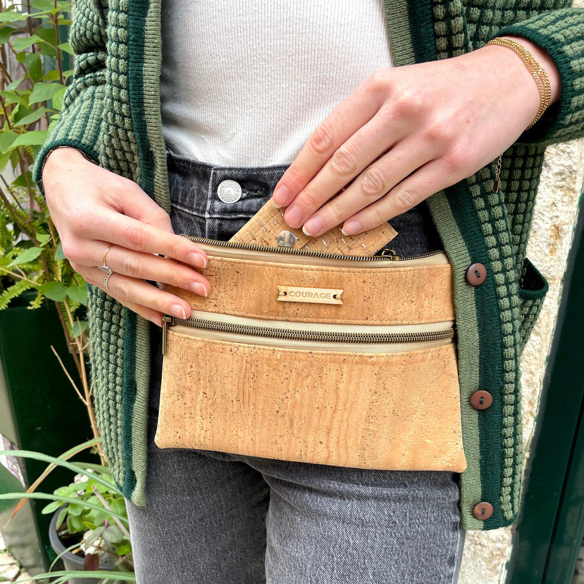 Carry Courage GUARDIAN belt bag in natural color, compact front view with adjustable strap