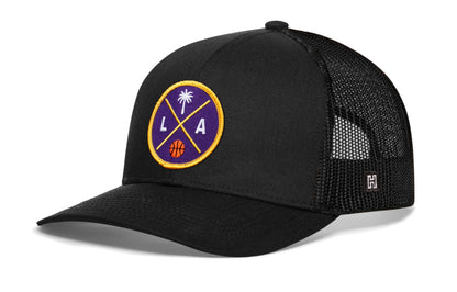Los Angeles Basketball Trucker Hat  |  Purple & Gold LA X Snapback