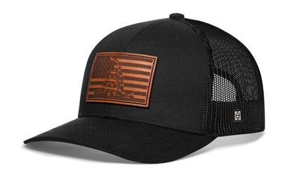 Dont Tread On Me American Flag Trucker Hat  |  Leather USA Snapback