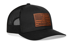 Dont Tread On Me American Flag Trucker Hat  |  Leather USA Snapback