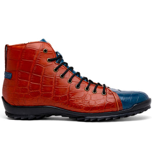 Marco Di Milano Hermond Blue Jeans Honey alligator leather boots with pointed toes and stylish stitching detail.