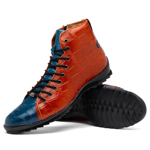 Marco Di Milano Hermond Blue Jeans and Honey Alligator Boot showcasing detailed blue denim and honey-colored alligator leather.