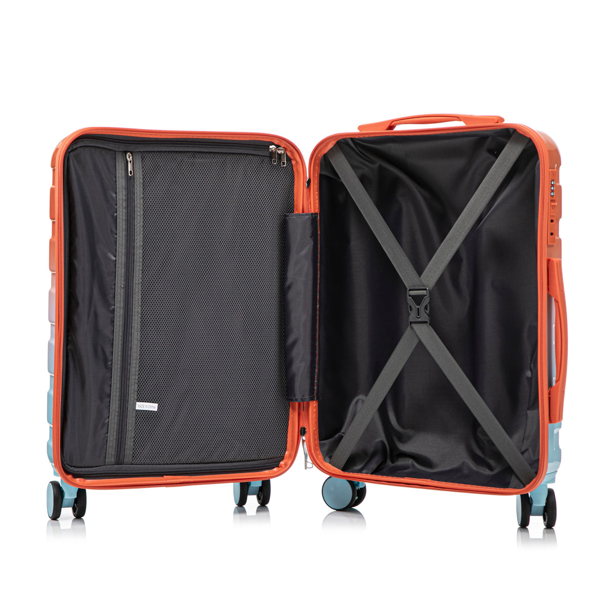 HouseOfZazla 2-piece PC spinner wheel luggage set in gradient blue and red with locks