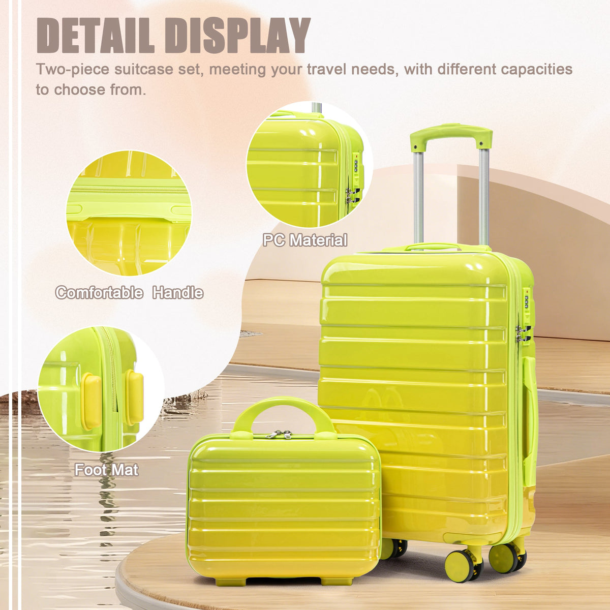 HouseOfZazla 2-piece polycarbonate spinner wheel luggage set with lock in green and yellow
