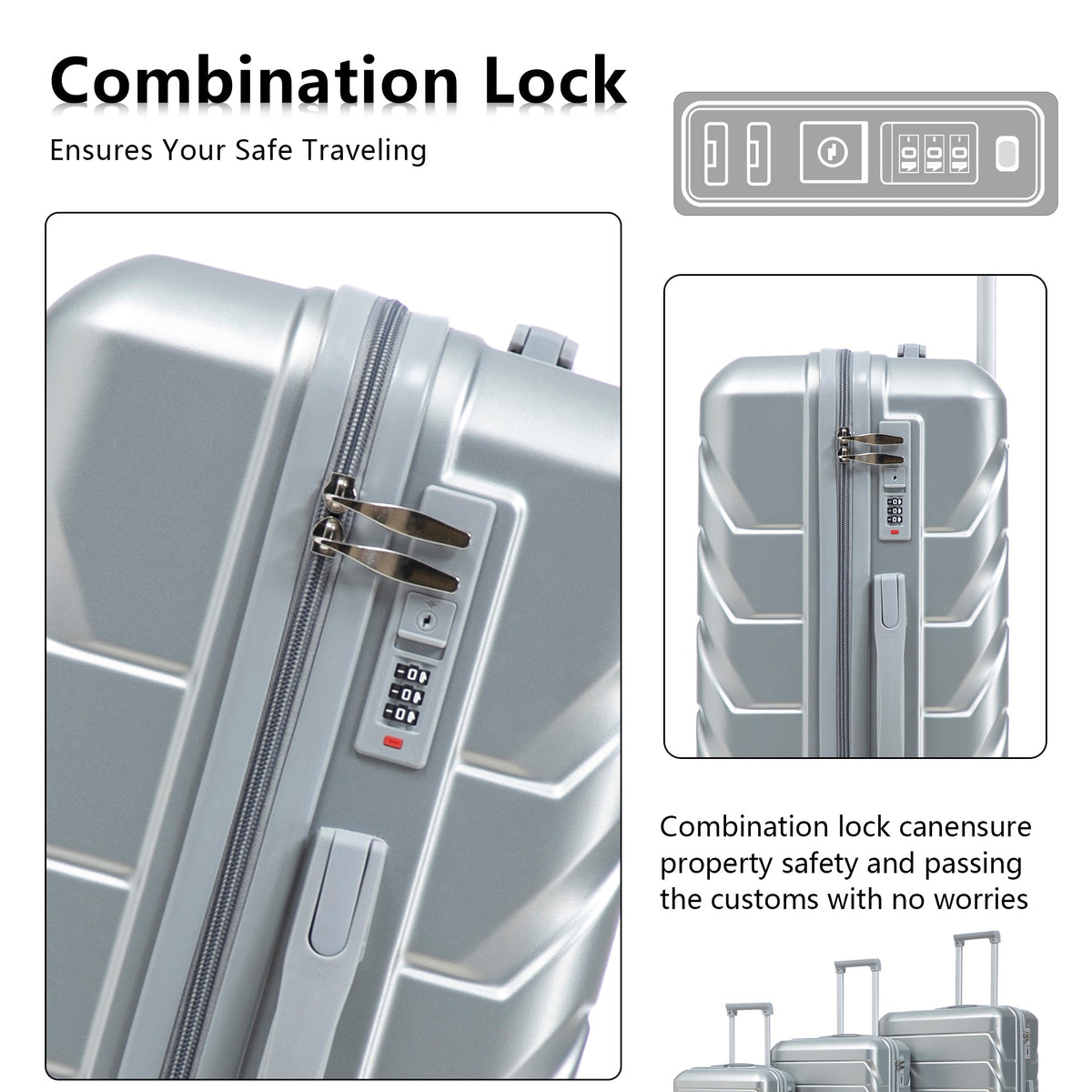HouseOfZazla 3-piece silver ABS spinner luggage set with combination locks