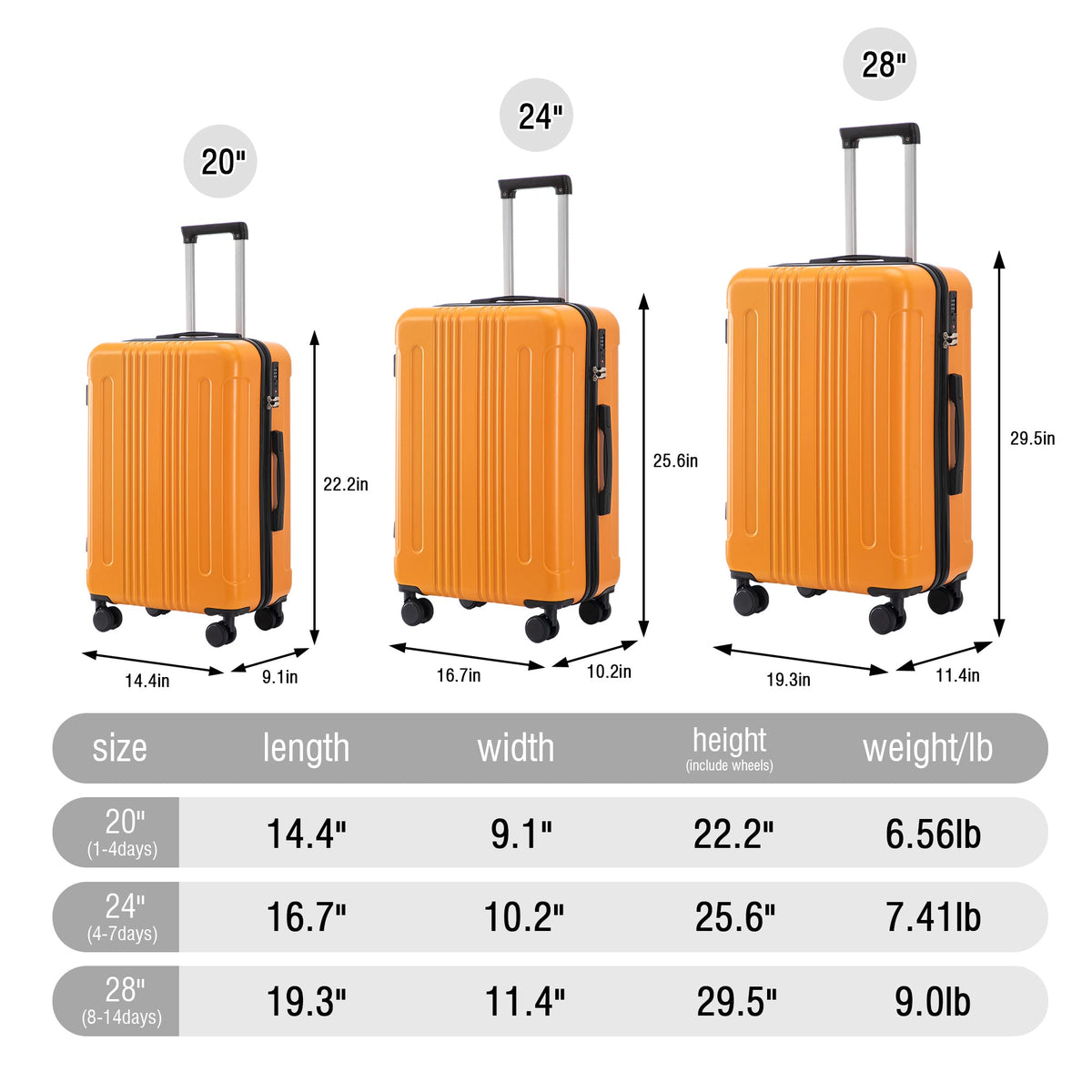 HouseOfZazla 3-piece ABS spinner wheel luggage set in black and orange with TSA locks