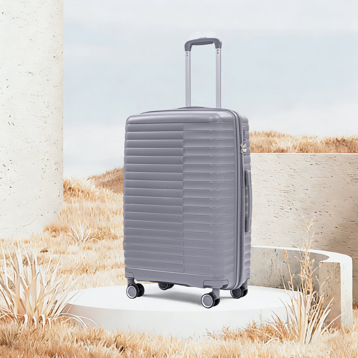 HouseOfZazla 4-piece light gray polypropylene luggage set with spinner wheels and cosmetic case