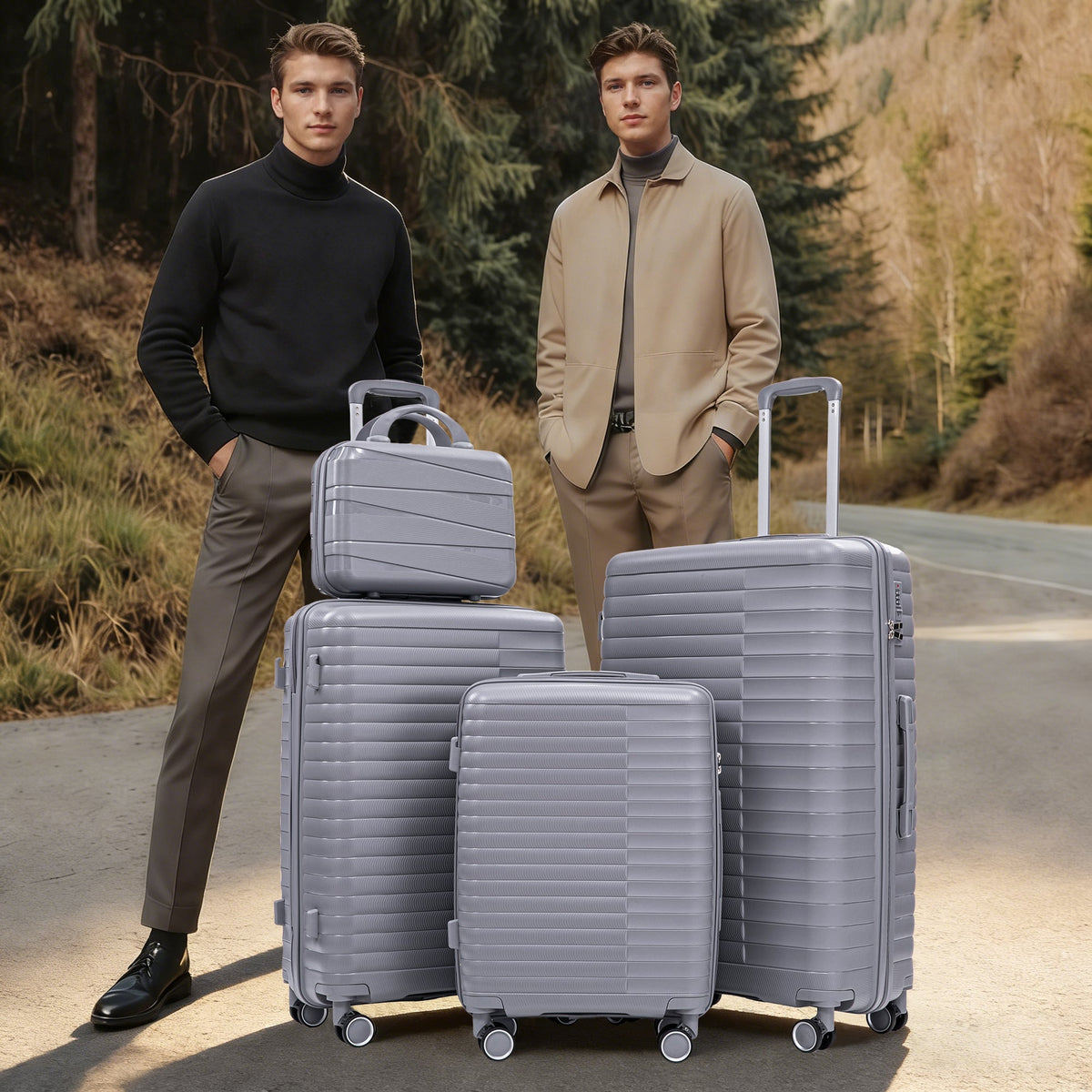 HouseOfZazla 4-piece light gray polypropylene luggage set with spinner wheels and cosmetic case