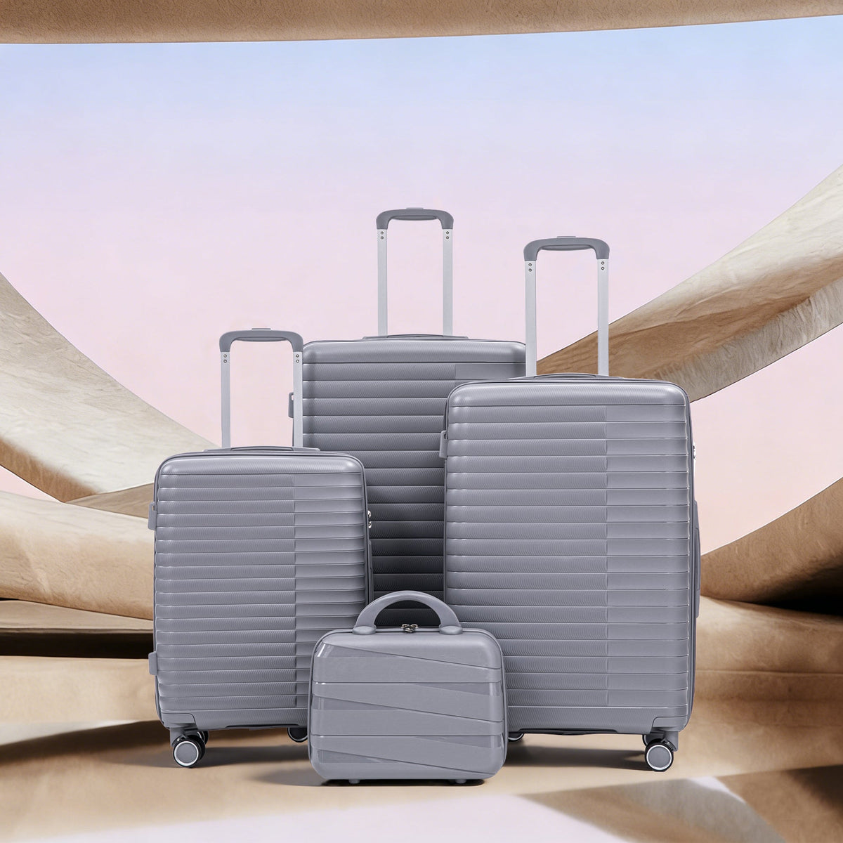 HouseOfZazla 4-piece light gray polypropylene luggage set with spinner wheels and cosmetic case