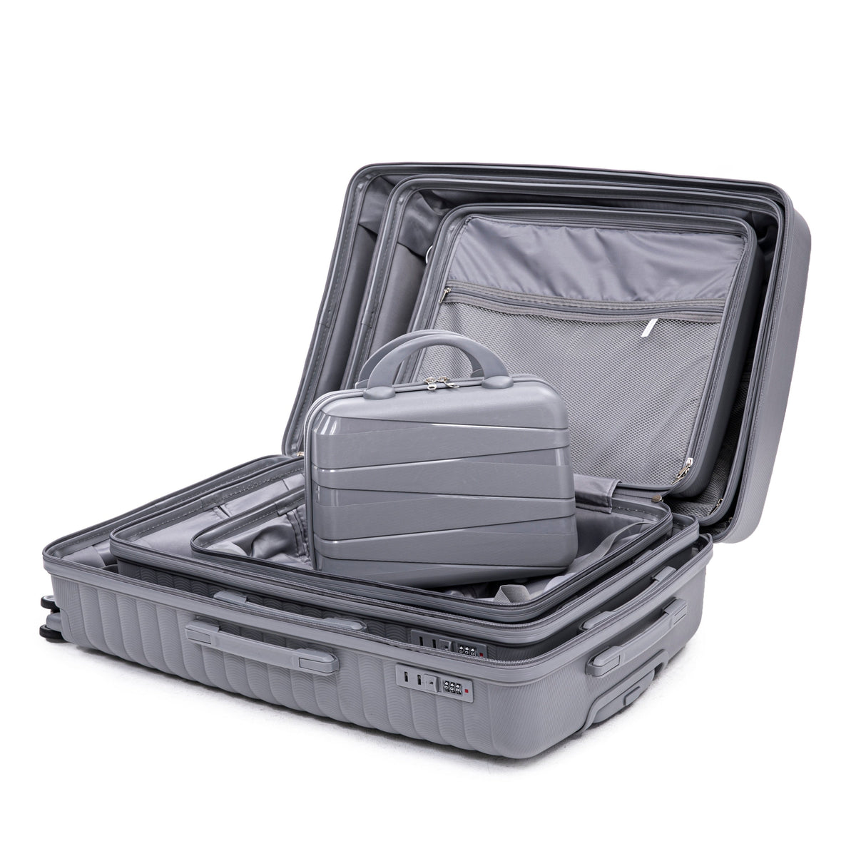 HouseOfZazla light gray 4-piece polypropylene luggage set with spinner wheels and cosmetic case