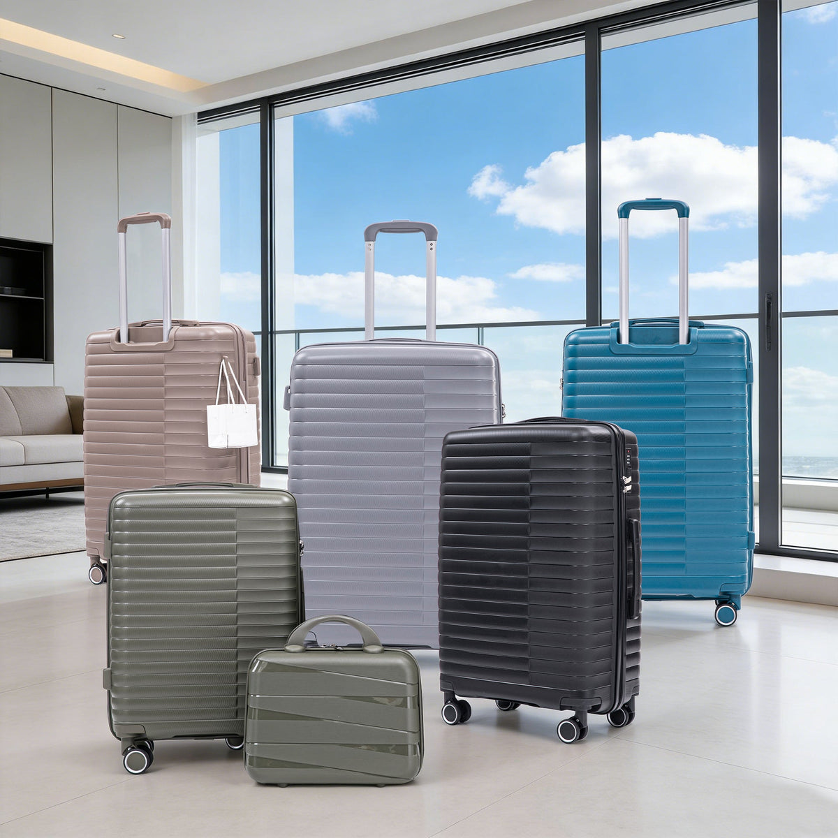 HouseOfZazla 4-piece light gray polypropylene luggage set with spinner wheels and cosmetic case