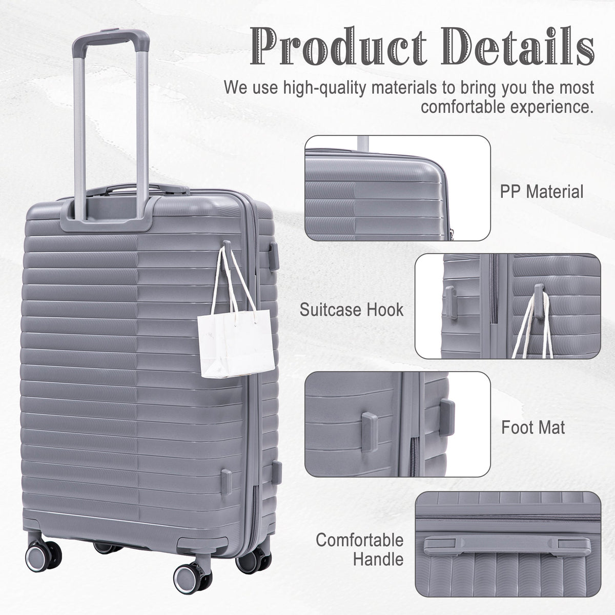 HouseOfZazla 4-piece light gray polypropylene luggage set with spinner wheels and cosmetic case