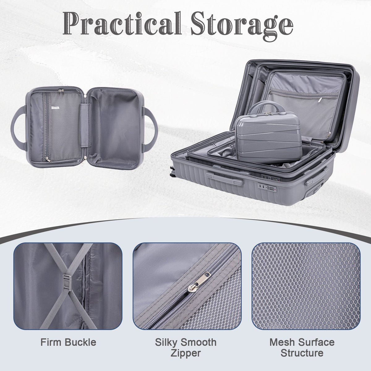 HouseOfZazla 4-piece light gray polypropylene luggage set with spinner wheels and cosmetic case