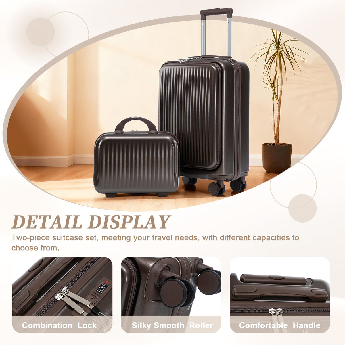 HouseOfZazla brown ABS spinner wheel luggage set with matching cosmetic case