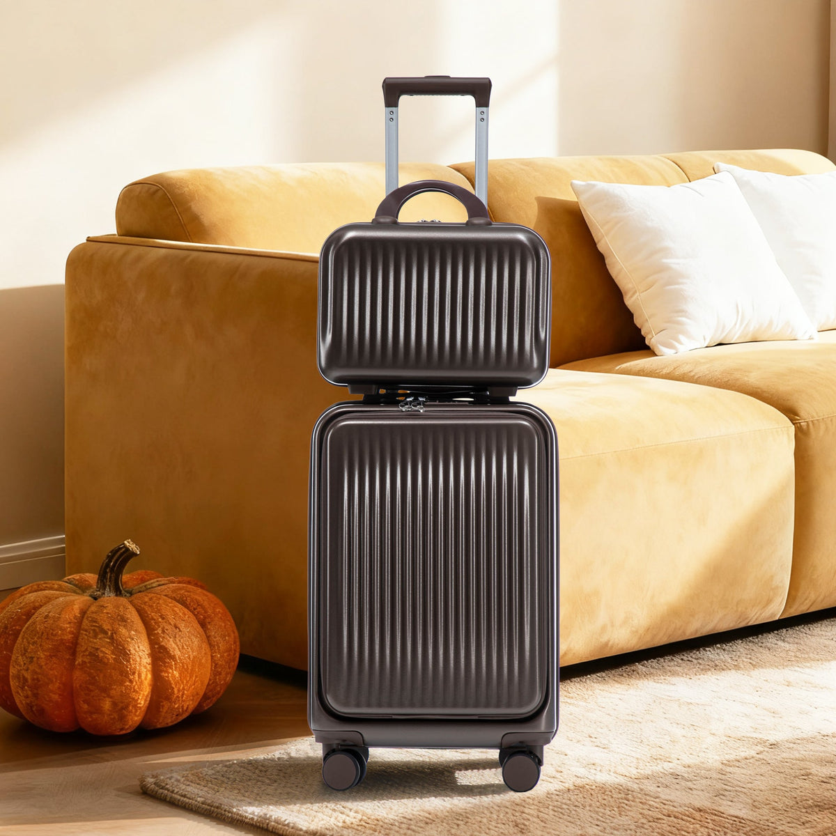 HouseOfZazla brown ABS spinner wheel luggage set with matching cosmetic case