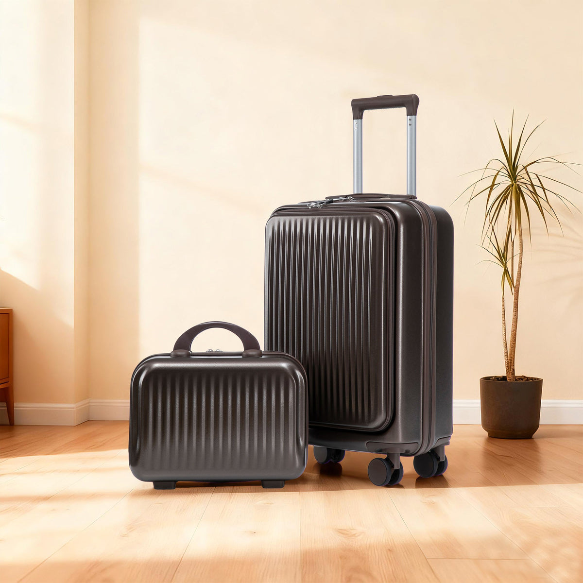 Brown ABS spinner wheel luggage set with cosmetic case by HouseOfZazla