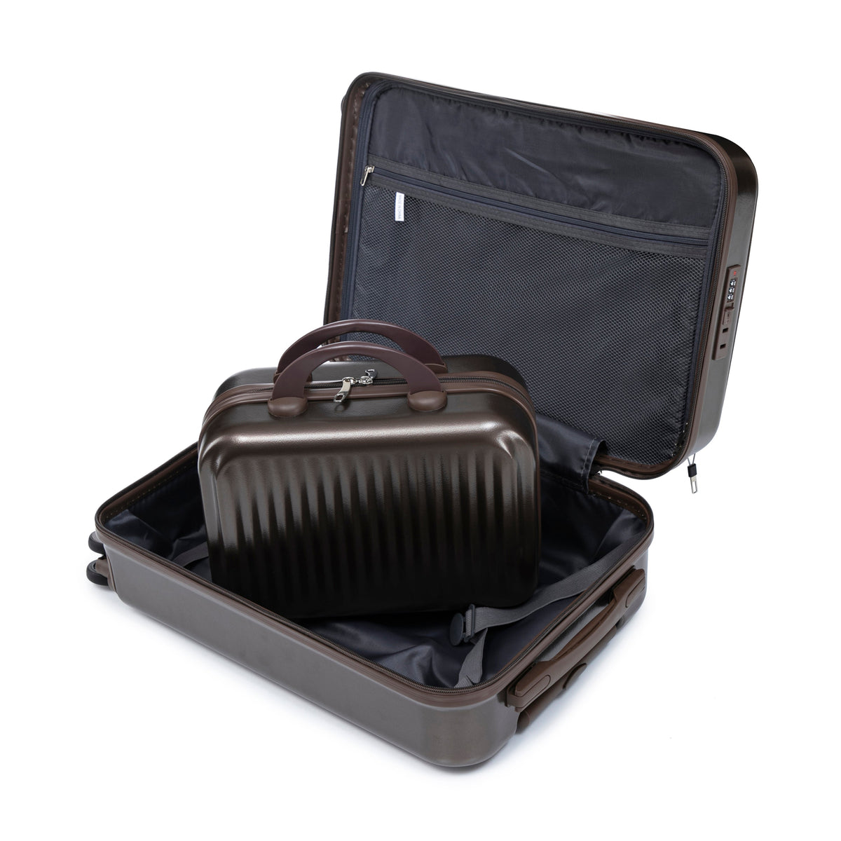 HouseOfZazla brown ABS spinner wheel luggage set with matching cosmetic case
