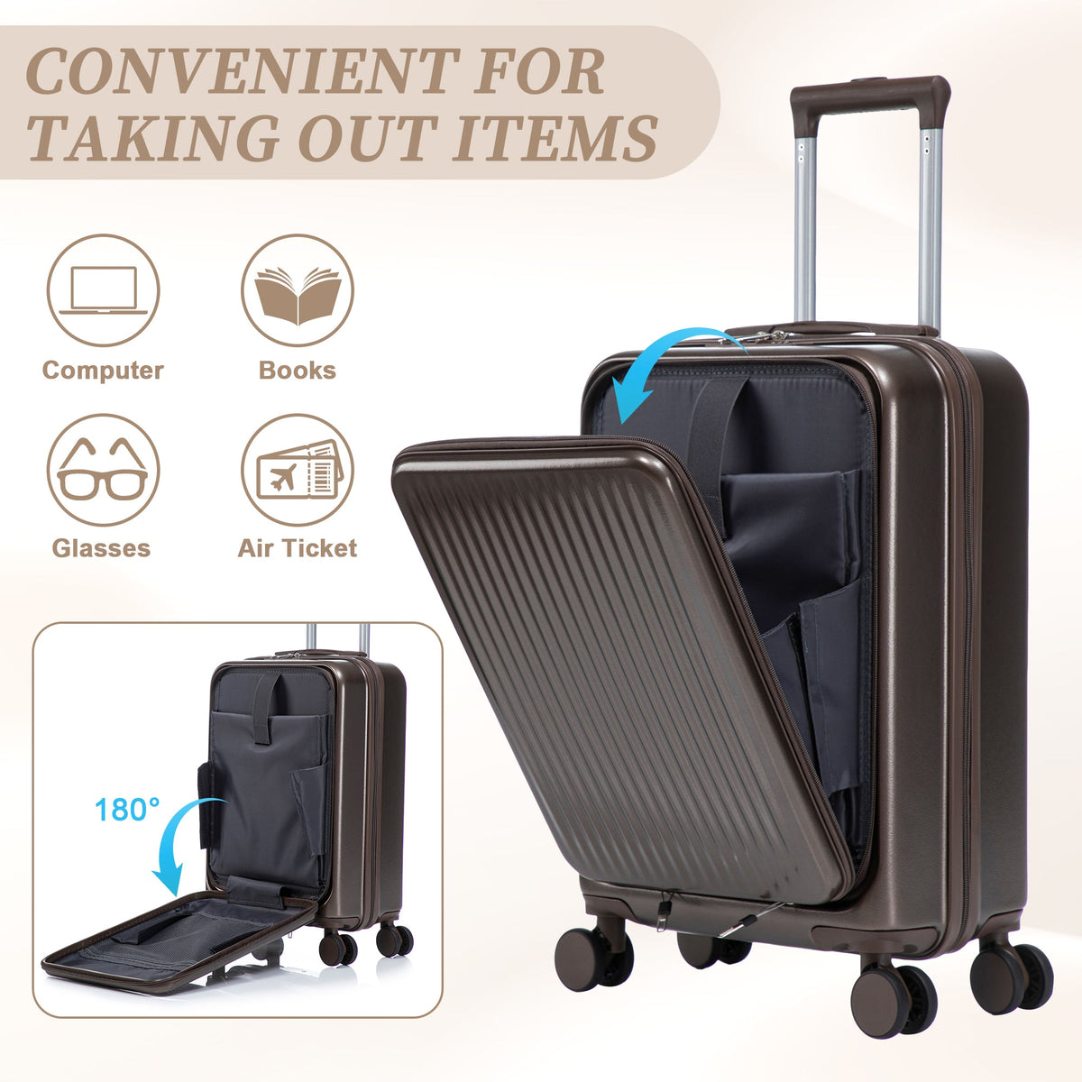 HouseOfZazla brown ABS spinner wheel luggage set with matching cosmetic case