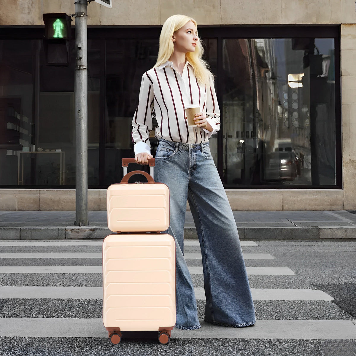 Beige 2-piece spinner luggage set with hard shell by HouseOfZazla