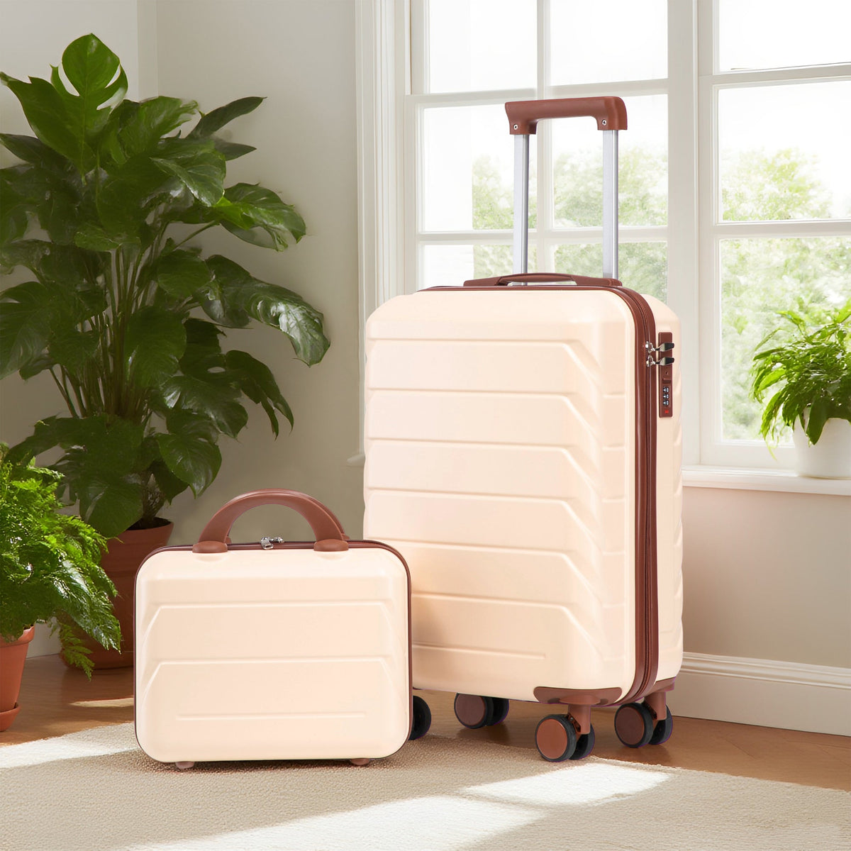 Beige HouseOfZazla 2-piece spinner luggage set with hard shell suitcases beveled front view