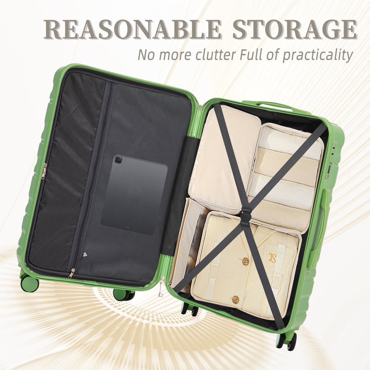 Green 3-piece spinner wheel luggage set by HouseOfZazla with locks and telescoping handles