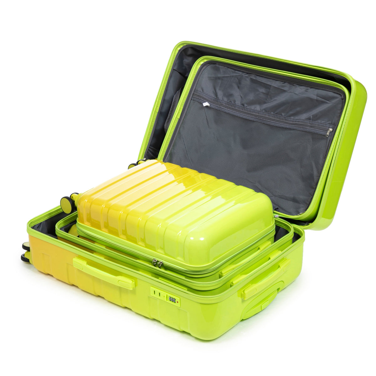 HouseOfZazla green and yellow PC spinner wheel luggage set with 360° wheels