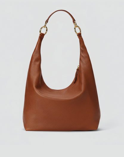 HYER GOODS Hobo Ring Bag in cognac leather, featuring a rounded handle and sleek design, perfect for casual or chic outings.