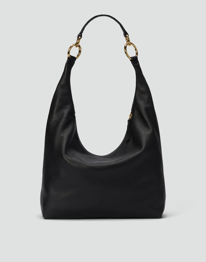Black and gold Hobo Bag by HYER GOODS featuring a slouchy hobo style with a rounded shape and shoulder strap.