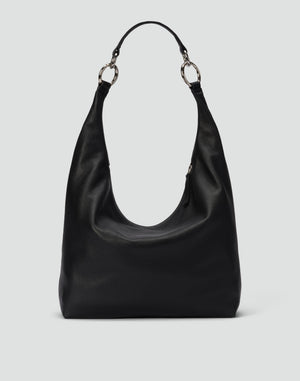 HYER GOODS Hobo Ring Bag in black with silver hardware, showcasing its stylish hobo bag design and adjustable shoulder strap.