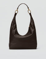 HYER GOODS Hobo Ring Bag in dark chocolate leather, featuring a rounded hobo style with ring accents and a spacious interior.