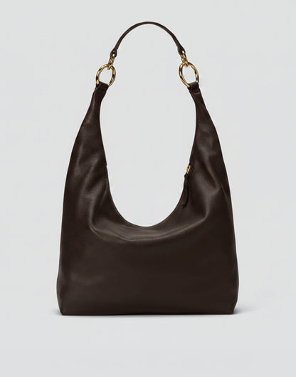 HYER GOODS Hobo Ring Bag in dark chocolate leather, featuring a rounded hobo style with ring accents and a spacious interior.