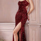 Cinderella Divine HT168 Lace Up Back with Slit Sequins Formal Gown
