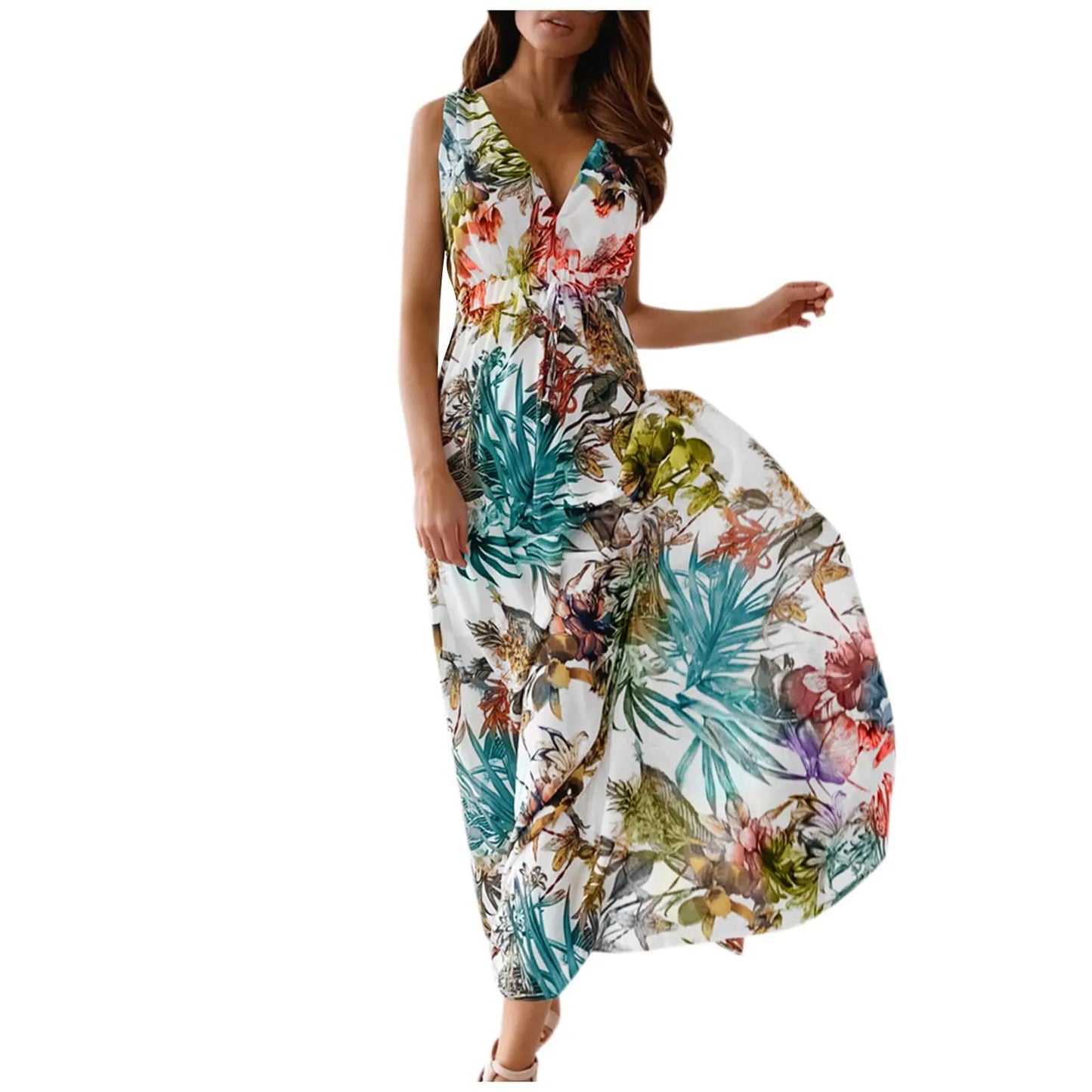Boho Dresses for Women 2024 Womens Summer Dresses Dresses for Women 2024 Casual Empire Waist Dress Womens Summer Casual Print Bandage Elastic Waist V-Neck Sleeveless Pullover Dress 04 White Medium
