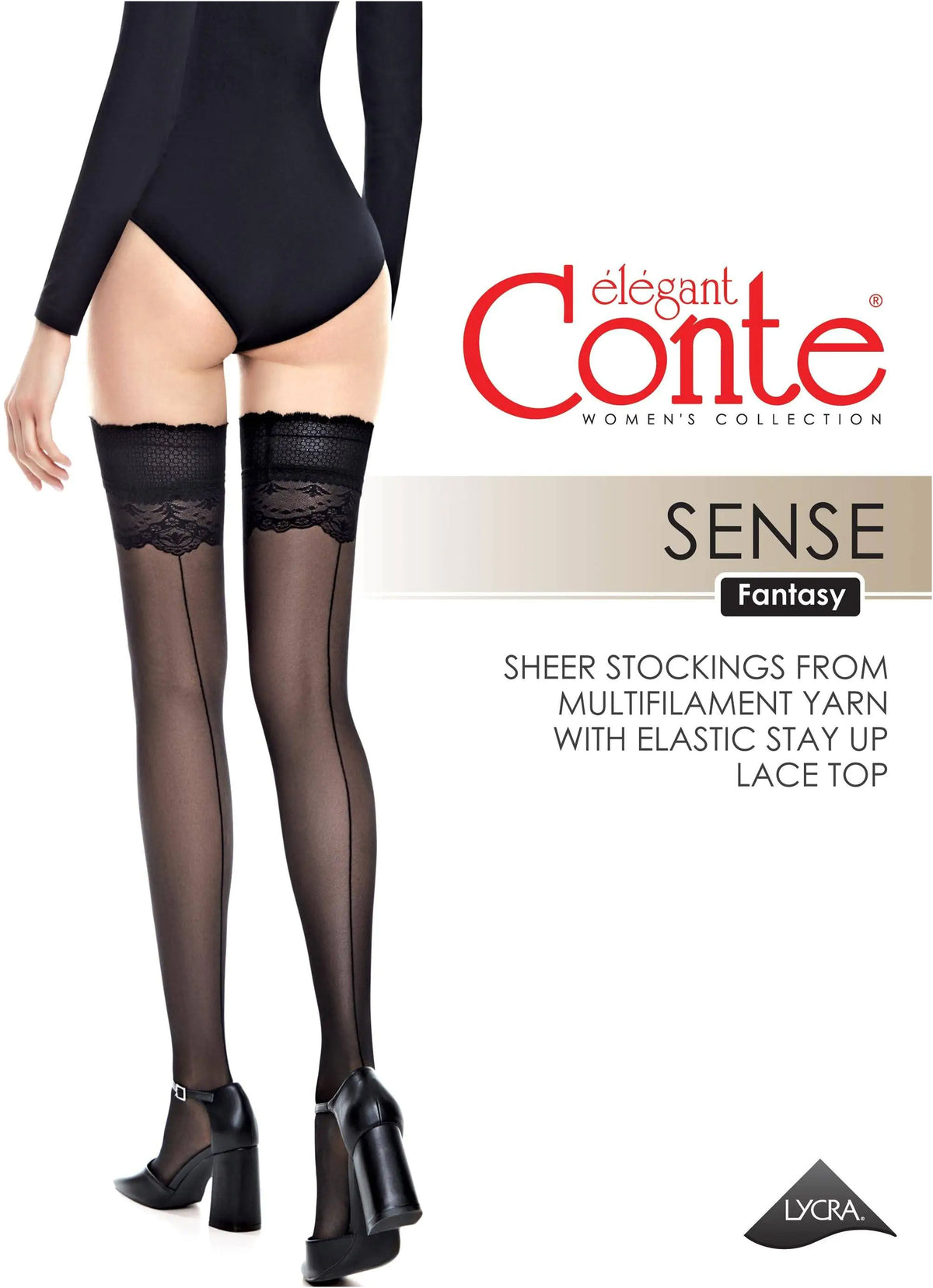 Conte Sense women's stockings with silicone lace top and back seam imitation, black sheer design