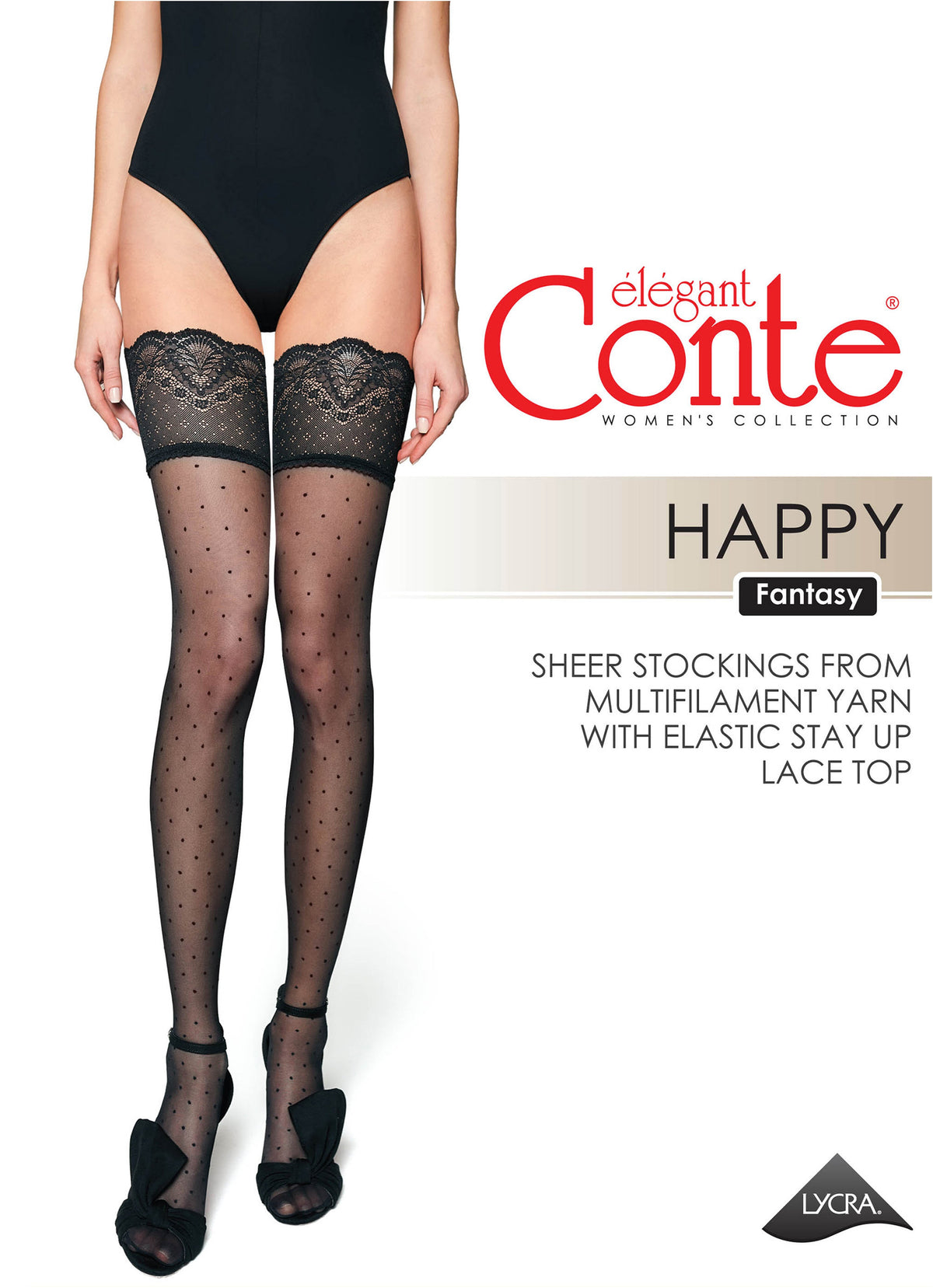 Conte Happy women's polka dot stockings with silicone lace top, black fantasy design
