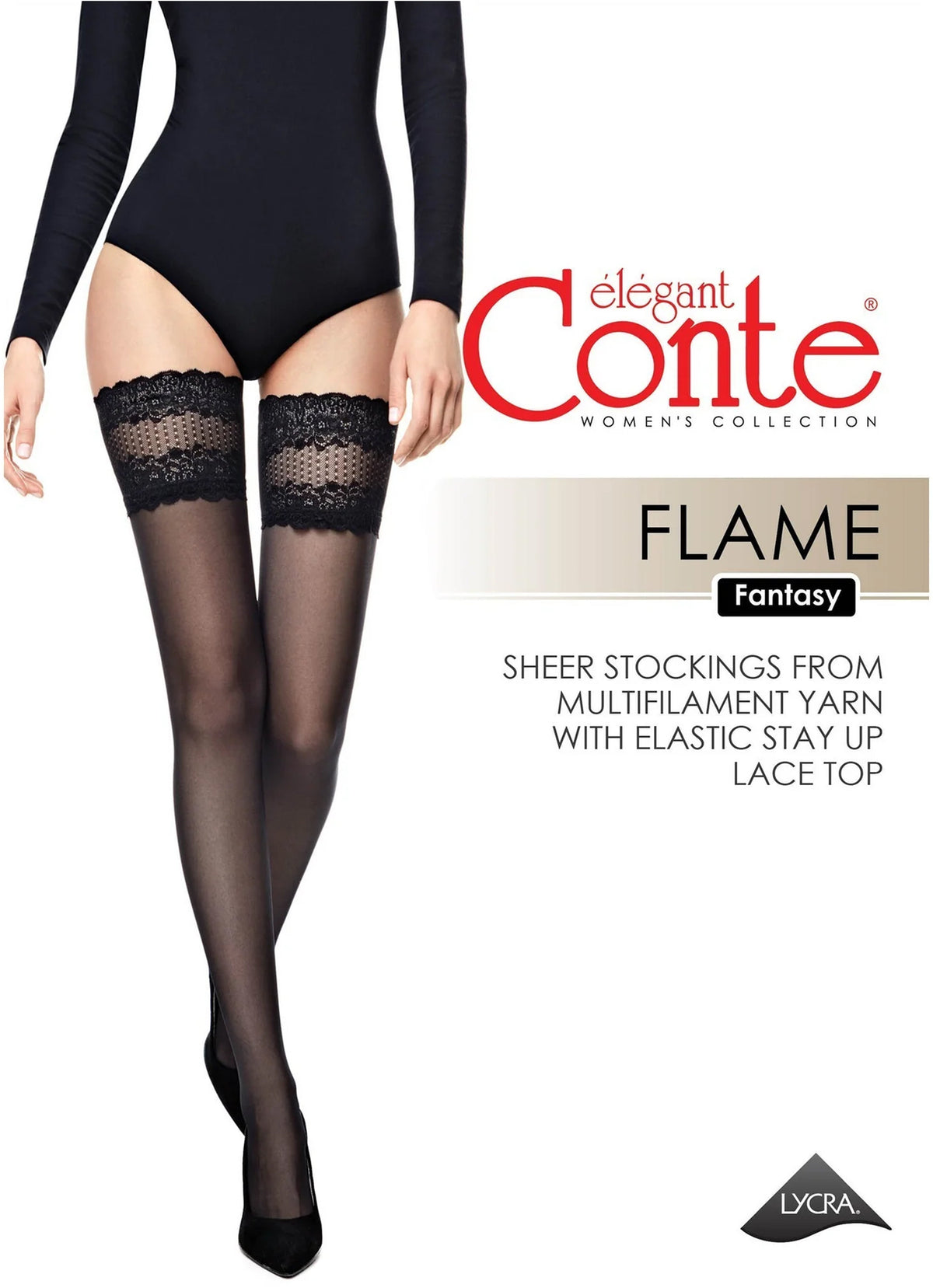 Fantasy Stockings Conte Flame women's stockings with silicone lace top and flame-pattern design