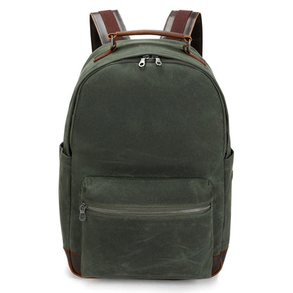 Double Oak Essentials travel backpack with multiple compartments and padded straps for comfortable carrying.