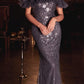 Cinderella Divine J818 Gathered Tulle Off the Shoulder Fitted Gown
