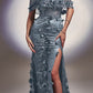 Ladivine J832 Long Floral Print Fitted Off the Shoulder Gown with Slit